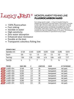 Fir Fluorocarbon Lucky John HARD Clear 30m : Grosime - 0.31mm