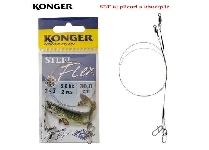 Konger set 20 strune rapitori (10 plicuri x 2buc) SteelFlex 1×7, 15cm, 10kg