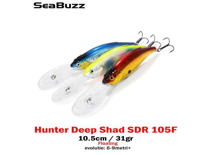 Sea Buzz vobler Hunter Deep Shad 10.5cm, 31gr, Floating, culoare 003-CHRG, pentru pescuitul la trena, evolutie 6-9m+